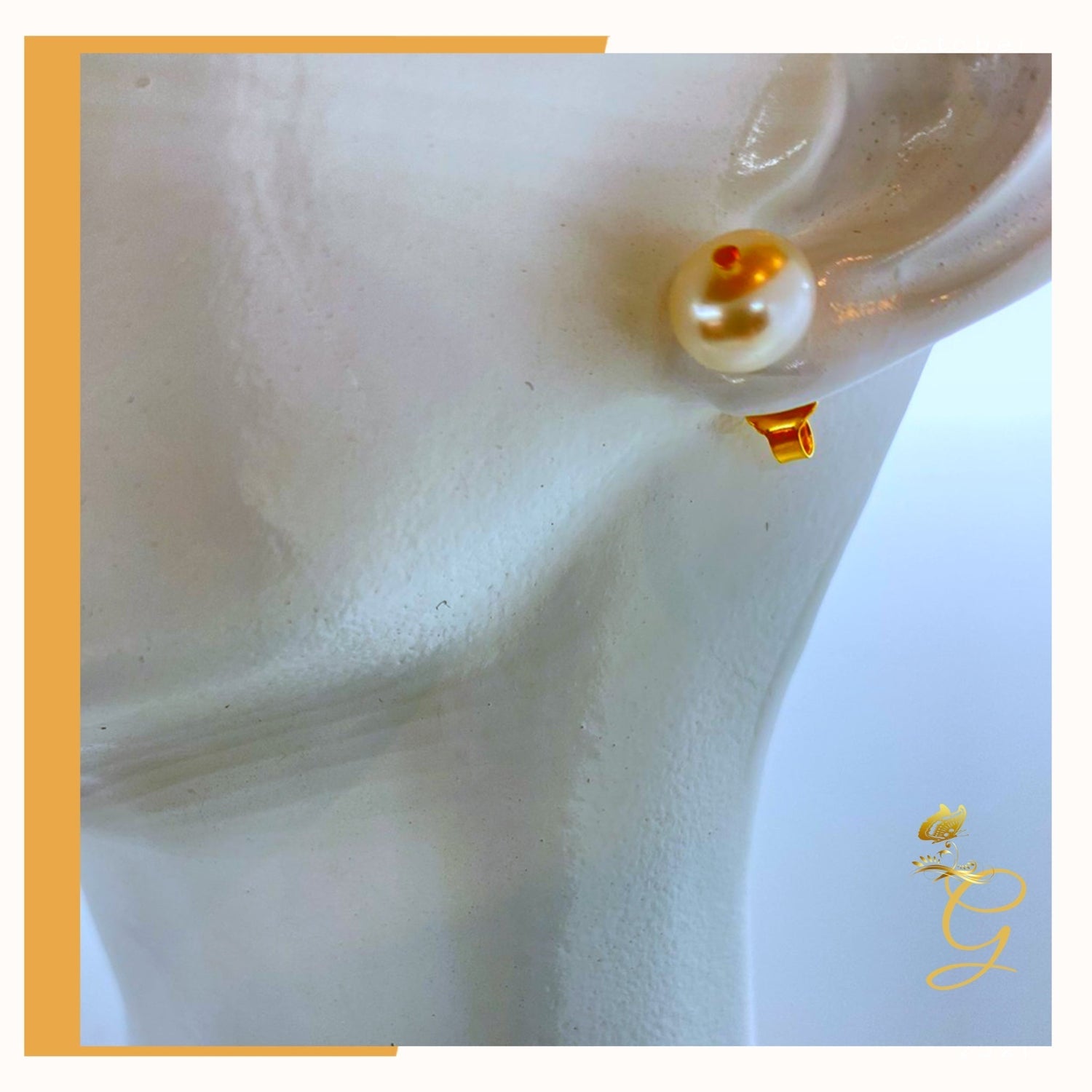 18K Real Gold Set of white Pearl Earrings and Necklace 18” Yellow Angel