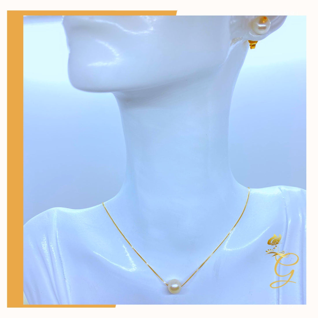18K Real Gold Set of white Pearl Earrings and Necklace 18” Yellow Angel