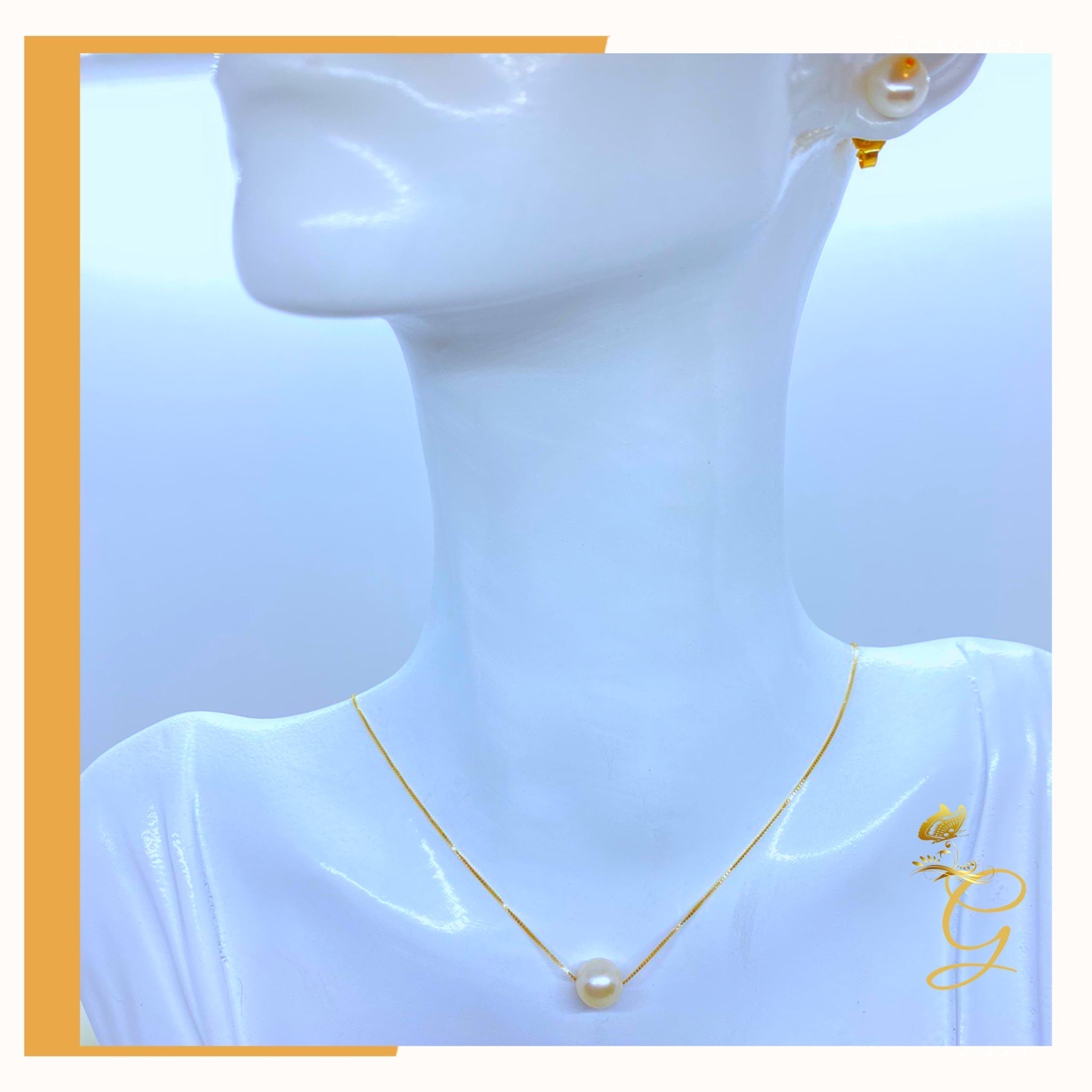 18K Real Gold Set of white Pearl Earrings and Necklace 18” Yellow Angel