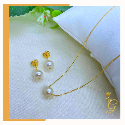 18K Real Gold Set of white Pearl Earrings and Necklace 18” Yellow Angel