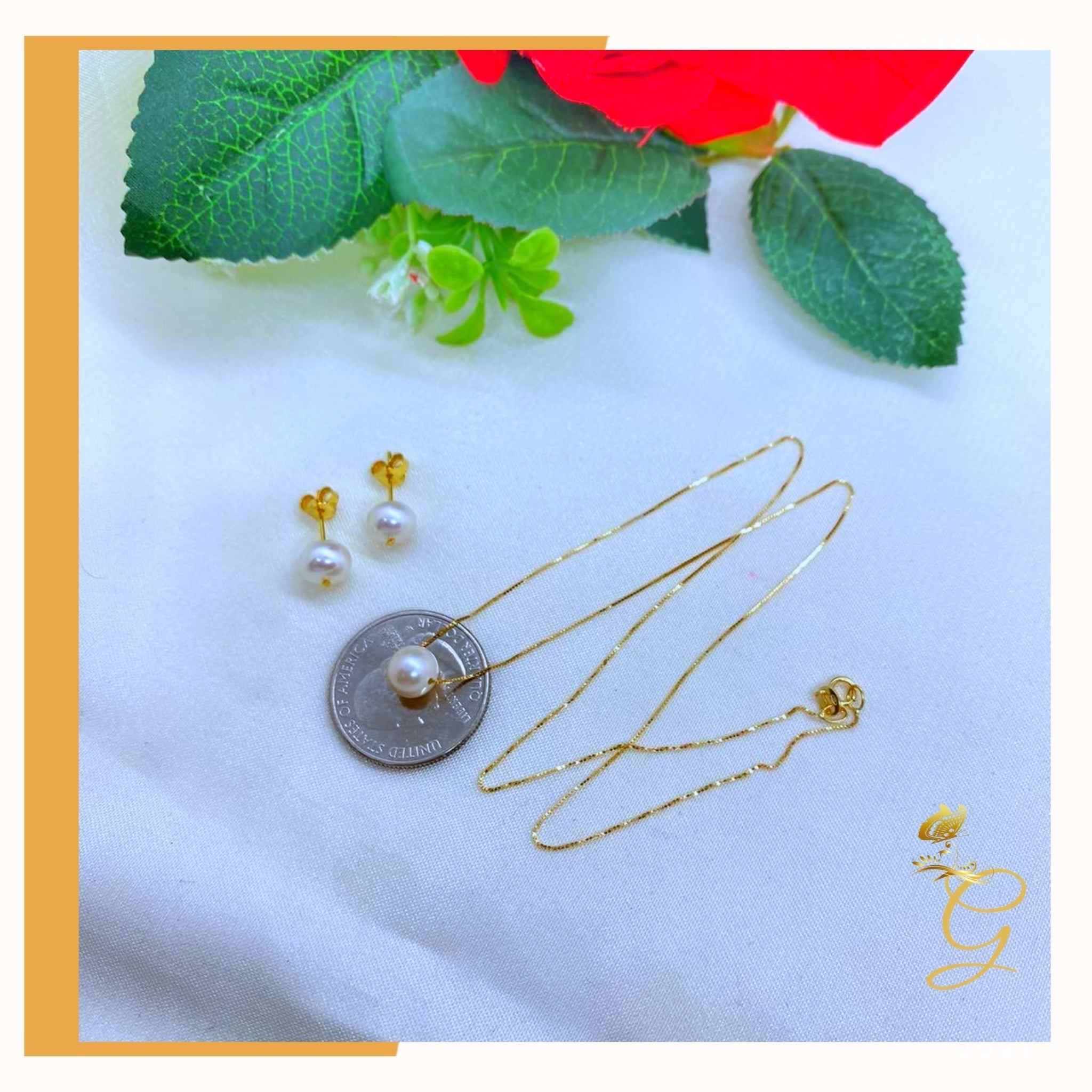 18K Real Gold Set of white Pearl Earrings and Necklace 18” Yellow Angel