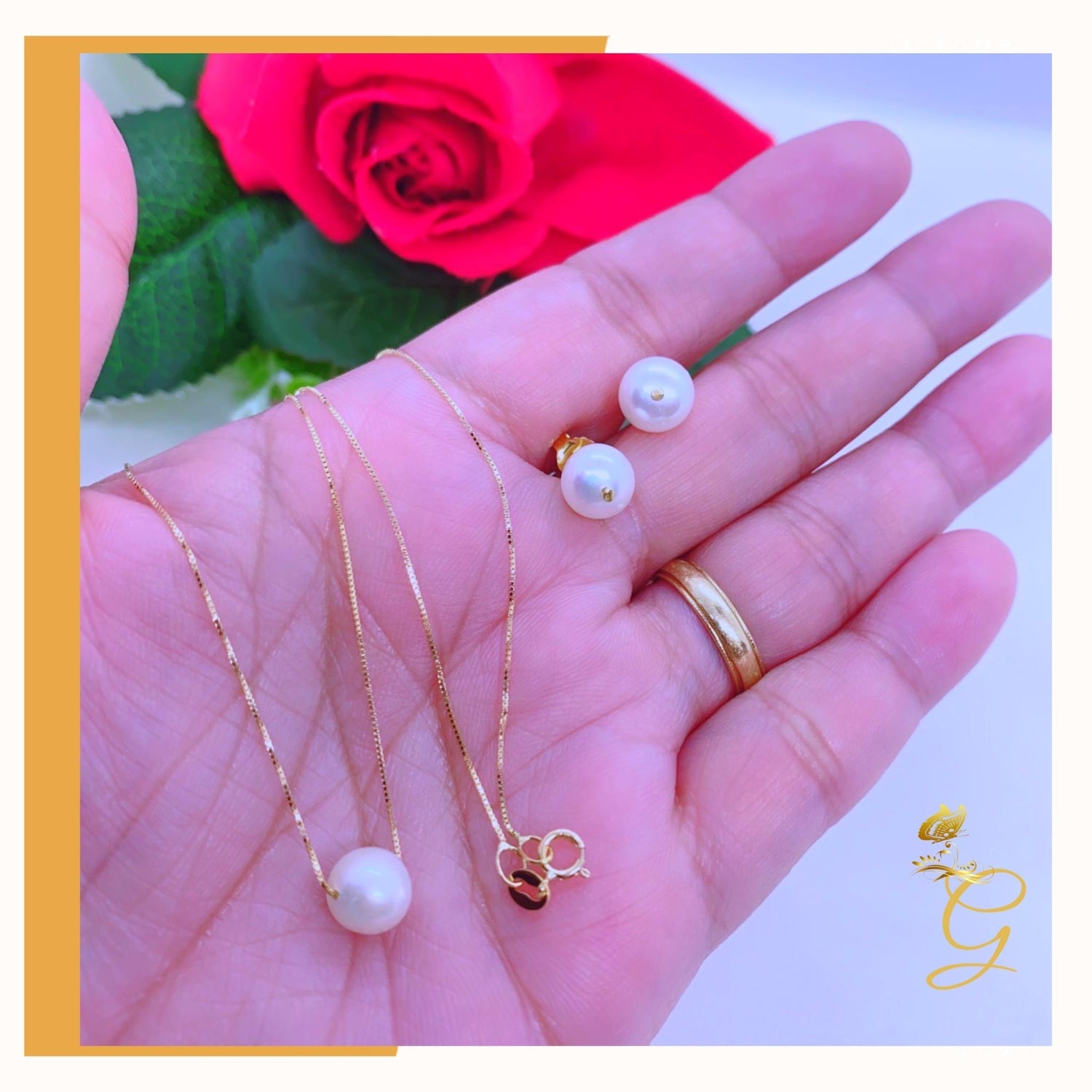 18K Real Gold Set of white Pearl Earrings and Necklace 18” Yellow Angel