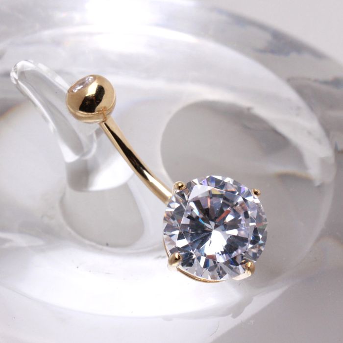 14Kt Yellow Gold Navel Ring with Large Clear Round Prong Set CZ Peridot