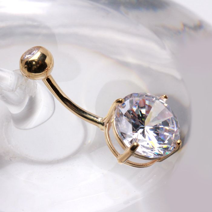 14Kt Yellow Gold Navel Ring with Large Clear Round Prong Set CZ Peridot