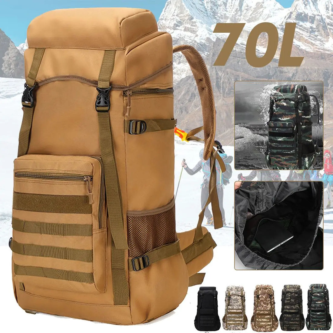 Waterproof Outdoor Camping 70L Military Backpack Yellow Pandora