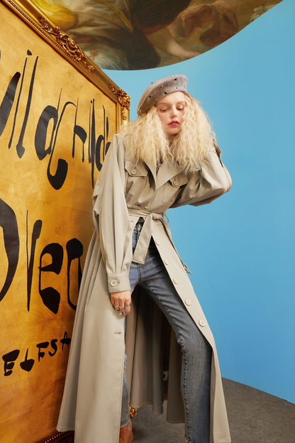 Green Solid Single Breasted Oversize Casual Women Trench Coat,Spring Yellow Angel